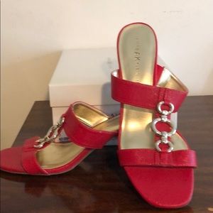 Anne Klein Red Sandals W/Gold Link Accent